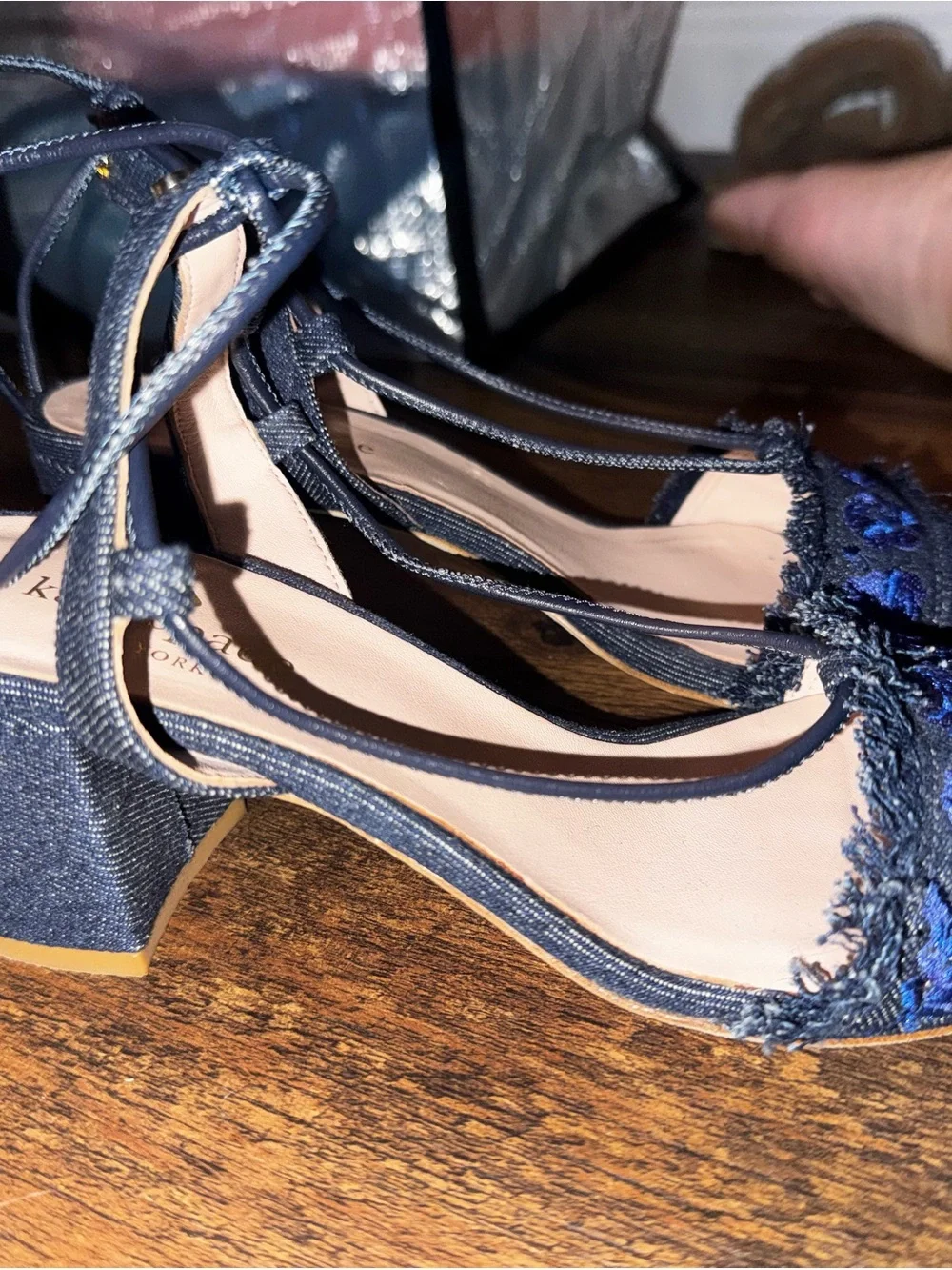 kate spade Navy Embroidered Strappy Block Heel Sandals